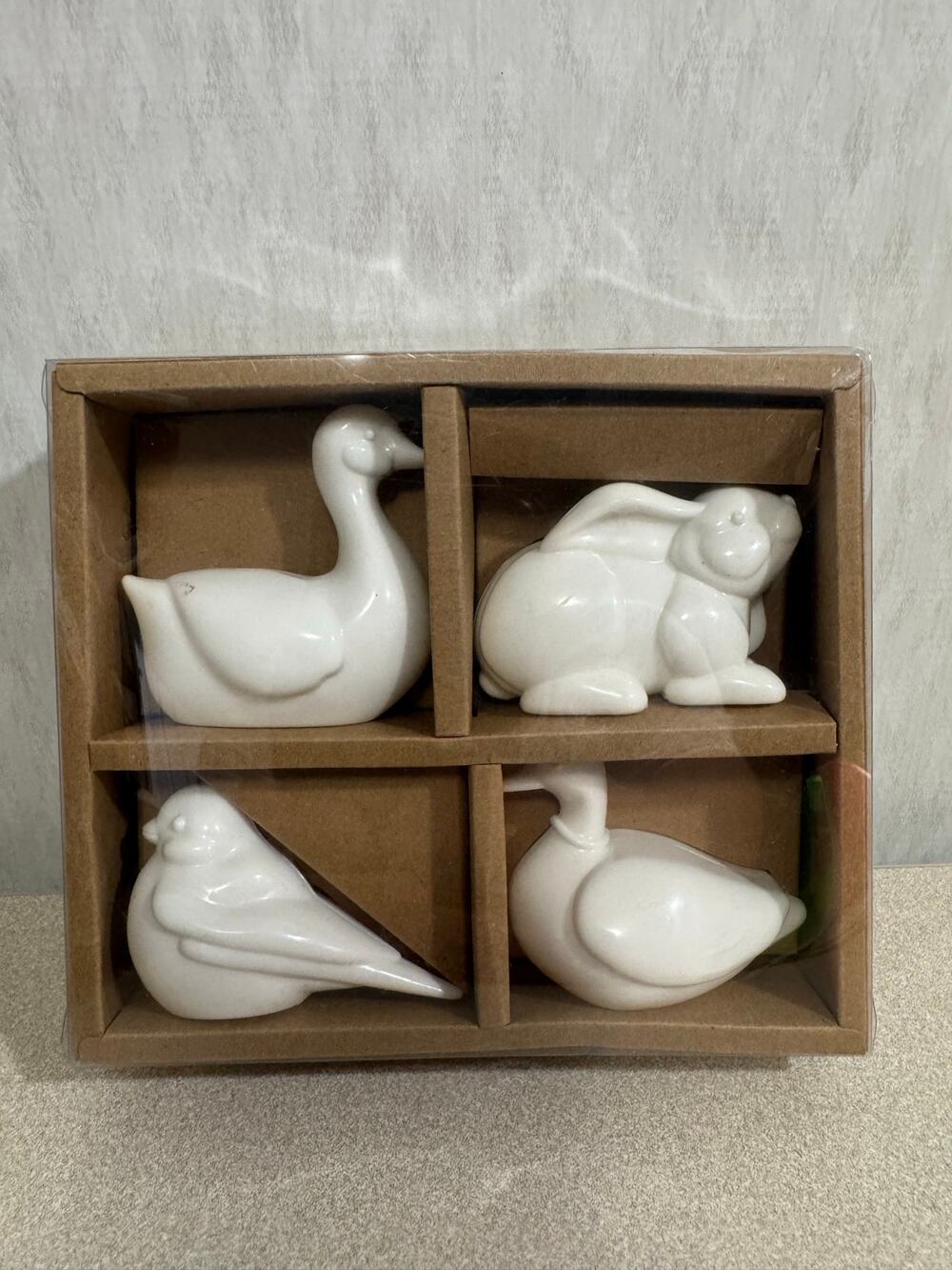 White Ceramic Spring Animal Figurines Set of 4 Goose Bunny Bird Duck in Wood Box